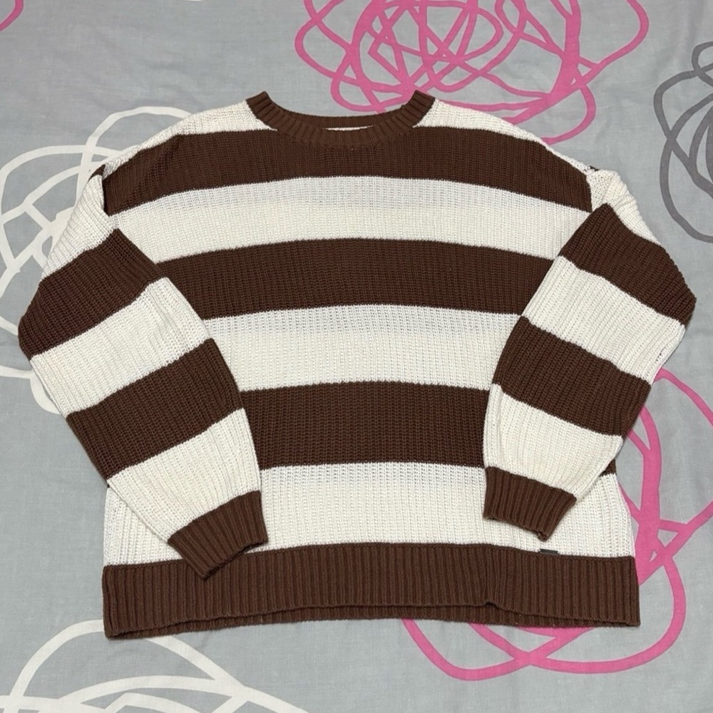 Hollister Brown and White Oversized Striped Sweater